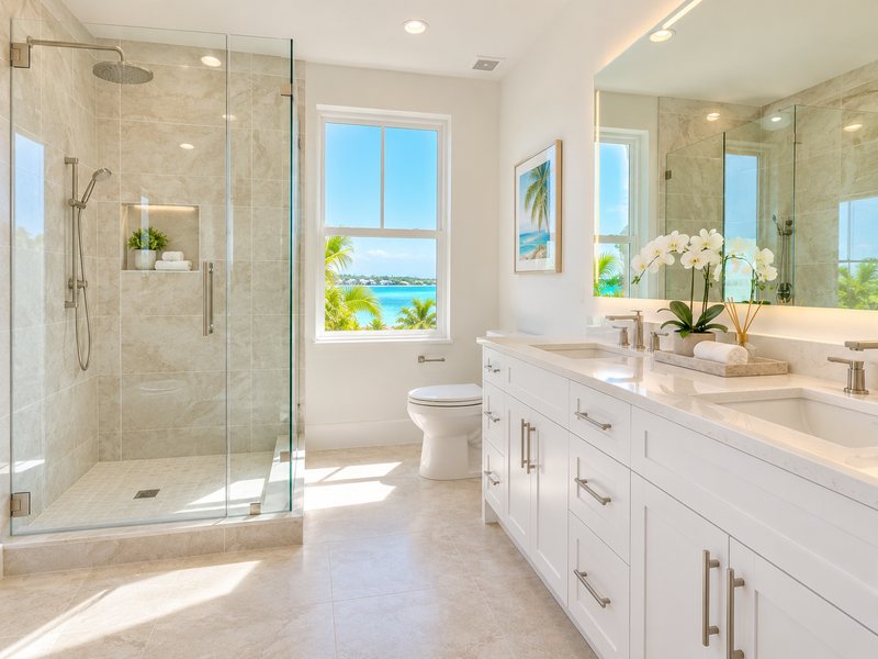 A bathroom with a glass shower, double vanity and clear counters.
