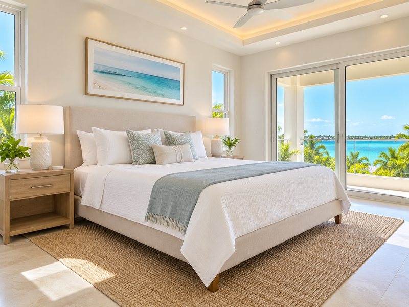 A made bed with crisp white linen, a folded throw and arranged pillows.