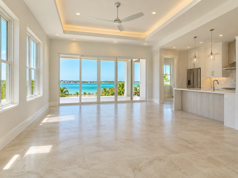 An empty open-plan living space with polished tile floors and clear surfaces.