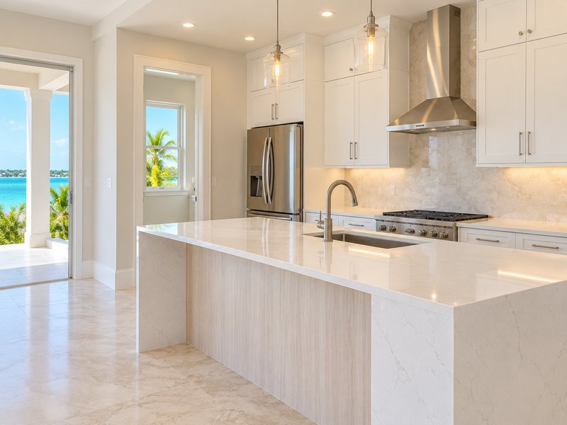 A bright kitchen with a clear stone island, polished counters and stainless appliances.